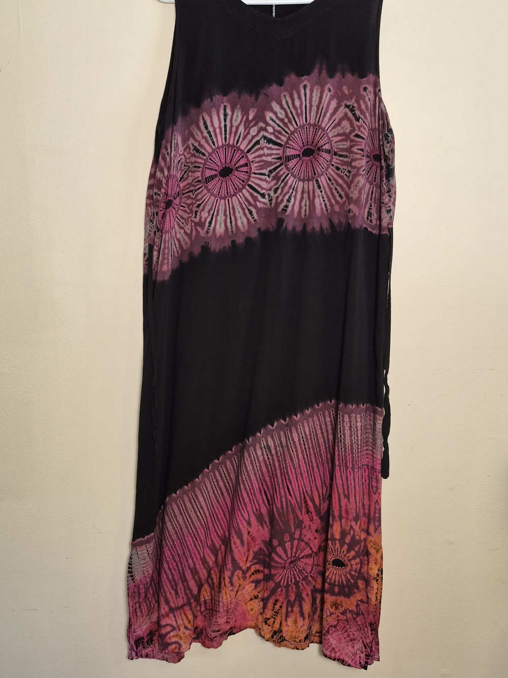 Boho Black Maxi Skirt with Pink and Orange Tie-Dye Bands